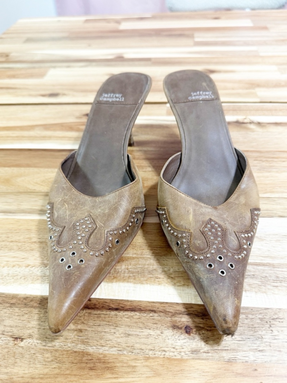Jeffery Campbell Head-West Studded Western Pointed-Toe Heeled Mules Camel Tan - Picture 6 of 14